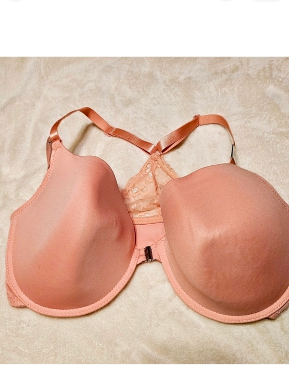 NWT Delta Burke Front Closure Racerback Underwire Bra Coral Peach Lace Plus 38DD